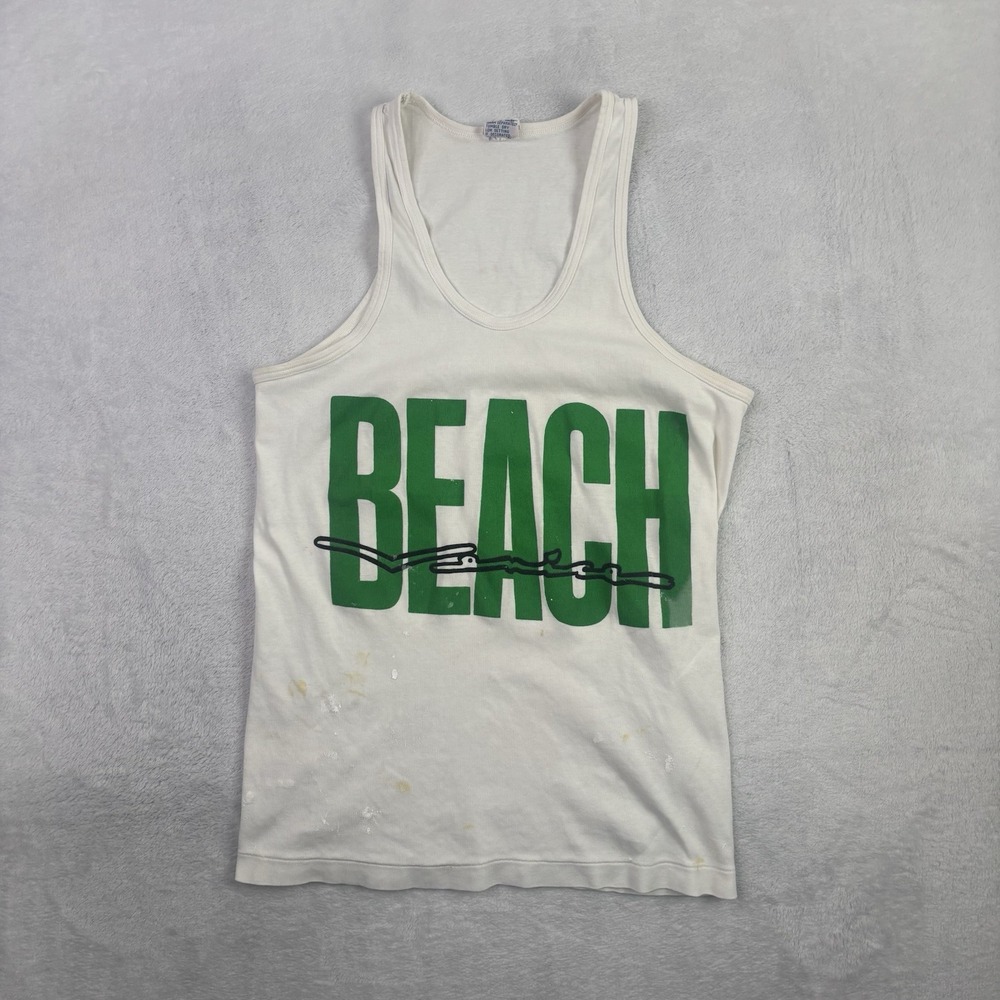 VTG 80s B.Y.C Beach White Sleeveless Tank Top Graphic Distressed Men's Medium
